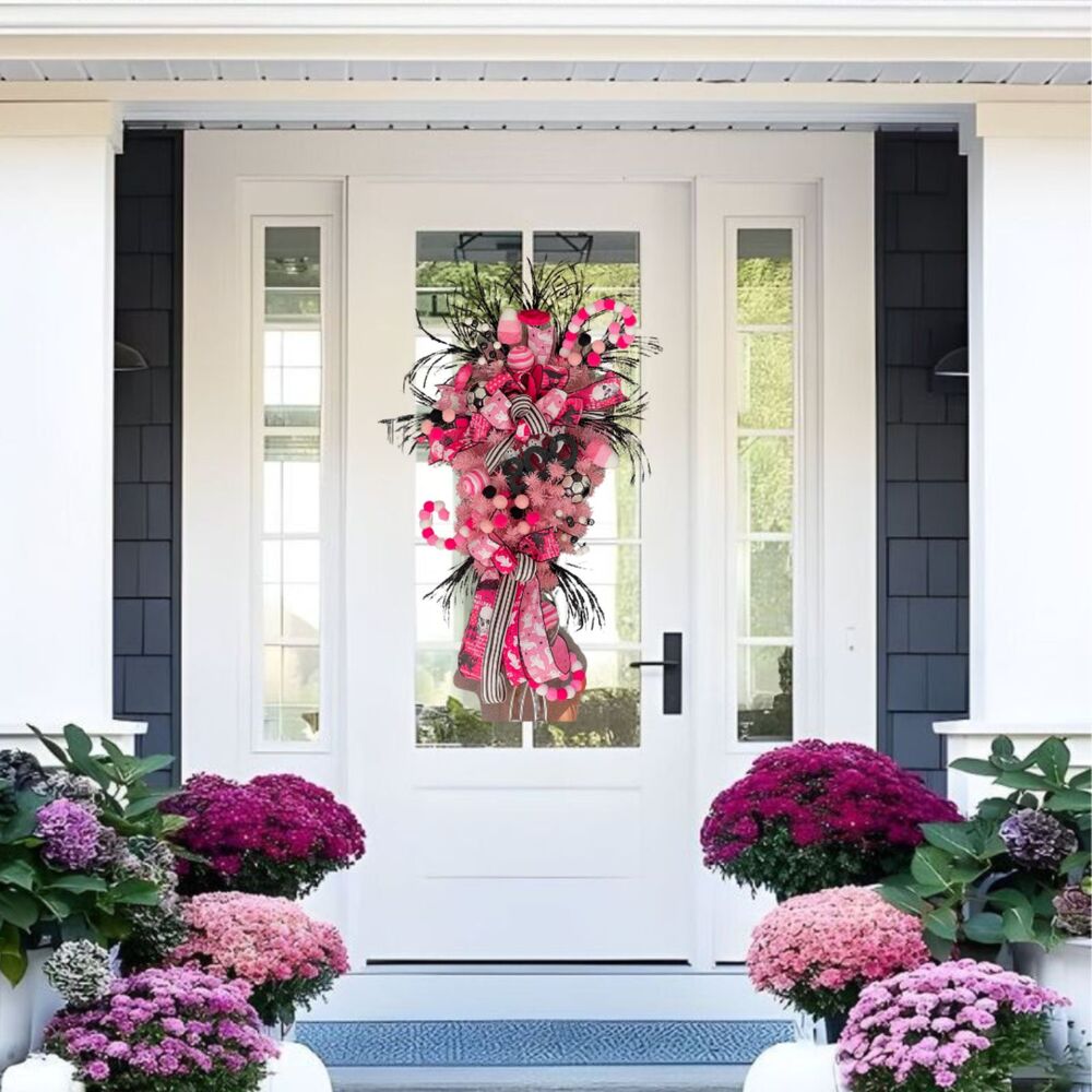 Pink Halloween Swag Wreath For Front Door, With BOO Sign